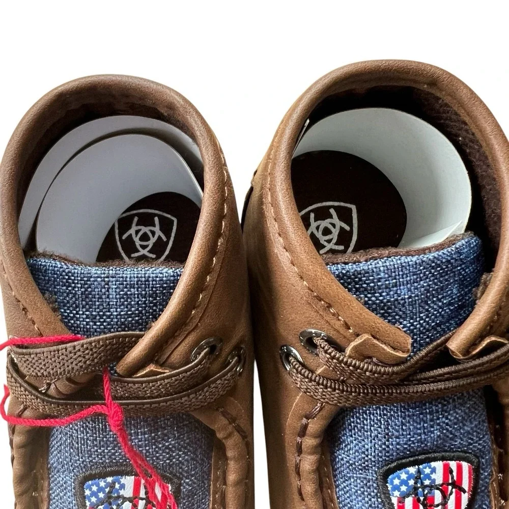 NWT Ariat Boys Lil' Stompers USA Spitfire Logo Lightweight Brown Blue Shoes Sz 4